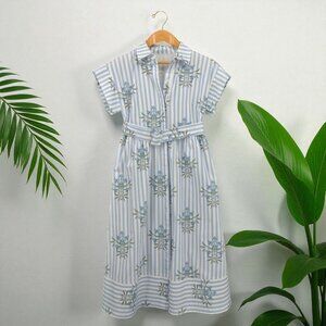 Striped Blue & White Floral Cotton Belted Shirt Dress in Soft Blue